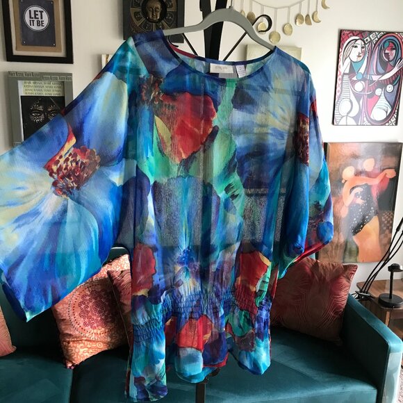 CHICO'S size 2 /L Sheer Blue Green & Red Floral Smocked Kimono Sleeve Top - Picture 1 of 5